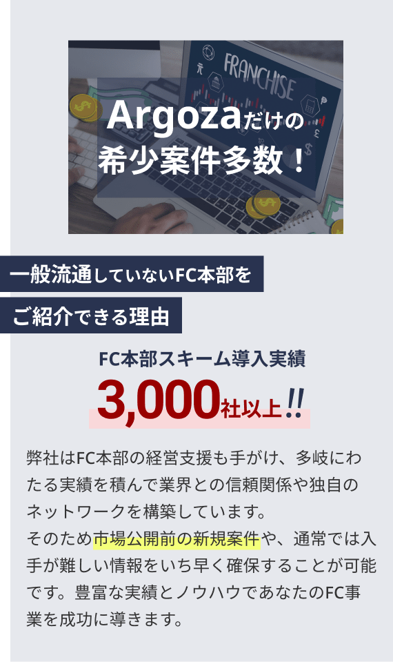 Argozaだけの希少案件多数。市場公開前の新規案件などを紹介できる理由は、FC本部スキームの導入実績が3,000社以上あるから